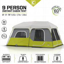 CORE EQUIPMENT 9-Person Instant Cabin Tent (14' x 9') – Grey/Green, Spacious Family Camping