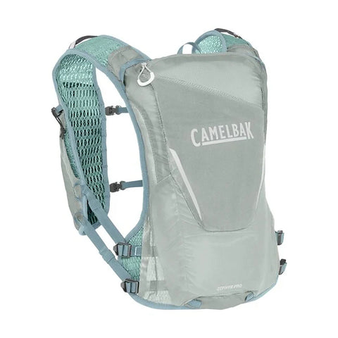CamelBak Zephyr Pro 34 oz hydration vest in Pigeon/Blue Surf with Quick Stow bottle