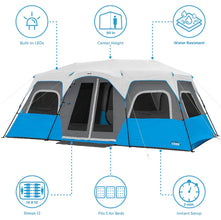 CORE 12 person lighted instant cabin tent 18x10 grey and blue large family camping tent