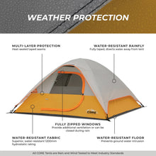 CORE Equipment 3 Person Dome Tent 7x7 lightweight grey and orange camping tent.