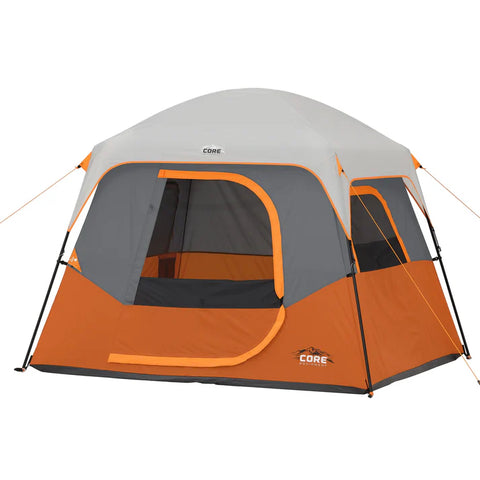 CORE 4 person straight wall cabin tent 8x7 grey and orange easy setup family camping tent with spacious interior