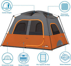 CORE 6 person straight wall cabin tent 10x9 grey and orange spacious family camping tent