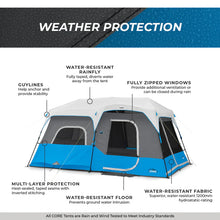 CORE 9 person lighted instant cabin tent 14x9 grey and blue with built in LED lights