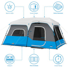 CORE 9 person lighted instant cabin tent 14x9 grey and blue with built in LED lights