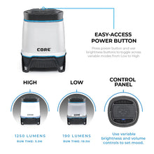 CORE Equipment 1250 Lumen rechargeable LED lantern with built-in Bluetooth speaker