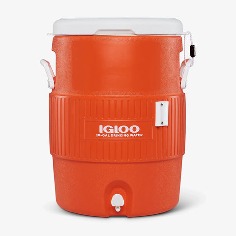 Igloo 10 gallon seat top water cooler with cup dispenser in orange
