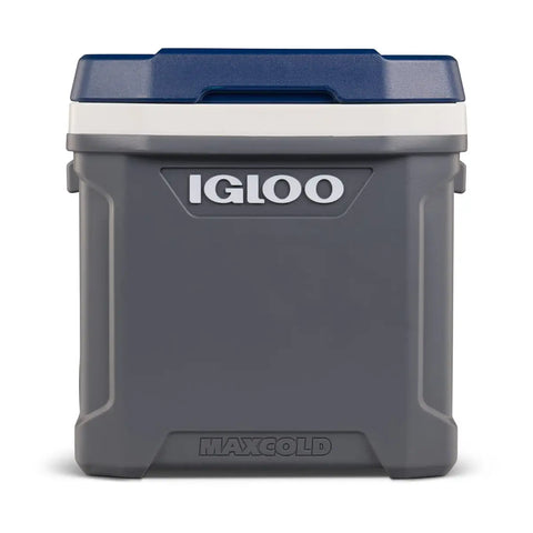 IGLOO Maxcold Latitude 62Qt roller cooler with wheels in Carbonite and Aegean Sea