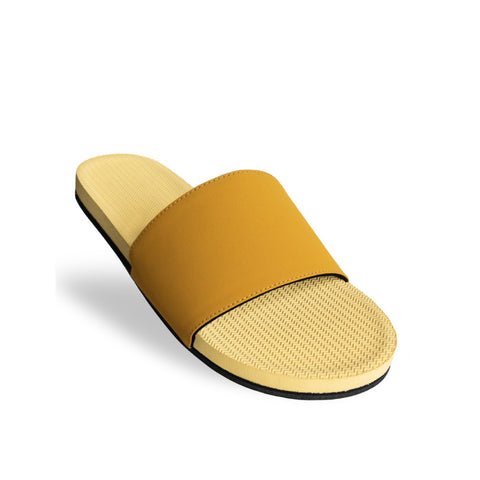 Indosole Essentials Women’s Honey Mustard eco-friendly slides with cushioned comfort and durable casual design