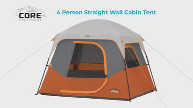 CORE Equipment 4-Person Straight Wall Cabin Tent (8' x 7') – Grey & Orange Easy Setup Camping Tent