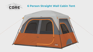 CORE EQUIPMENT 6-Person Straight Wall Cabin Tent (10' x 9') – Spacious Family Camping Tent, Grey/Orange