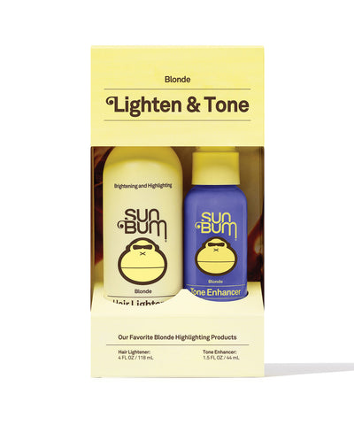 Sun Bum Blonde Lighten and Tone Kit with hair lightener and purple toner for natural blonde highlights and brassiness control