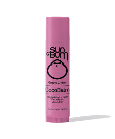 Sun Bum CocoBalm Groove Cherry Lip Balm with coconut oil for moisturizing lip care in 0.15 oz tube