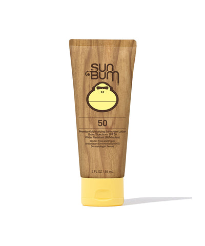 Sun Bum Original Sunscreen Lotion SPF 50 providing broad spectrum UVA and UVB protection in a 3 oz travel size bottle
