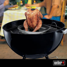 Weber Deluxe poultry roaster for evenly roasted crispy chicken on BBQ grill