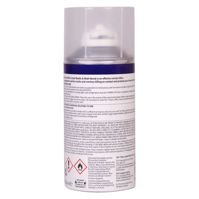 STV  Carpet Beetle & Moth Killer Bomb - 150ml One-Shot Aerosol - Image 2